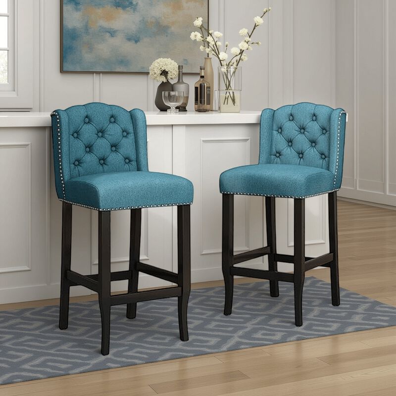 Seliva Barstool Chair Set of 2, Teal Fabric, Tufted Back, Brown Rubberwood - Benzara