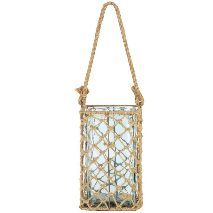 9.5" Decorative Teal Glass and Jute Square Pillar Candle Holder with Handle