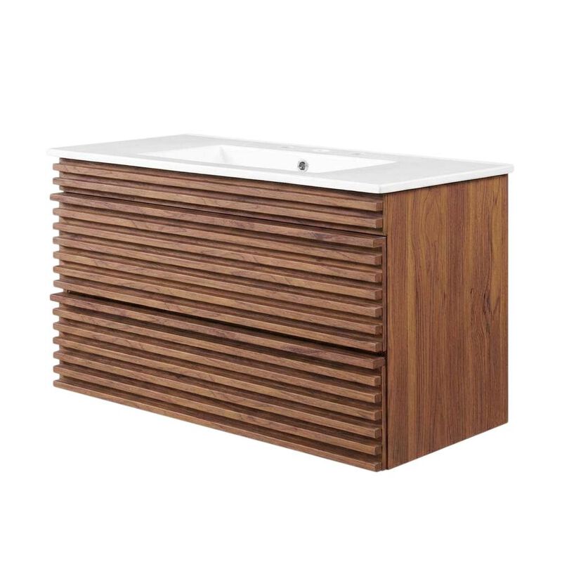 Walnut White 36-Inch Wall-Mount Bathroom Vanity with Ceramic Sink image number 0