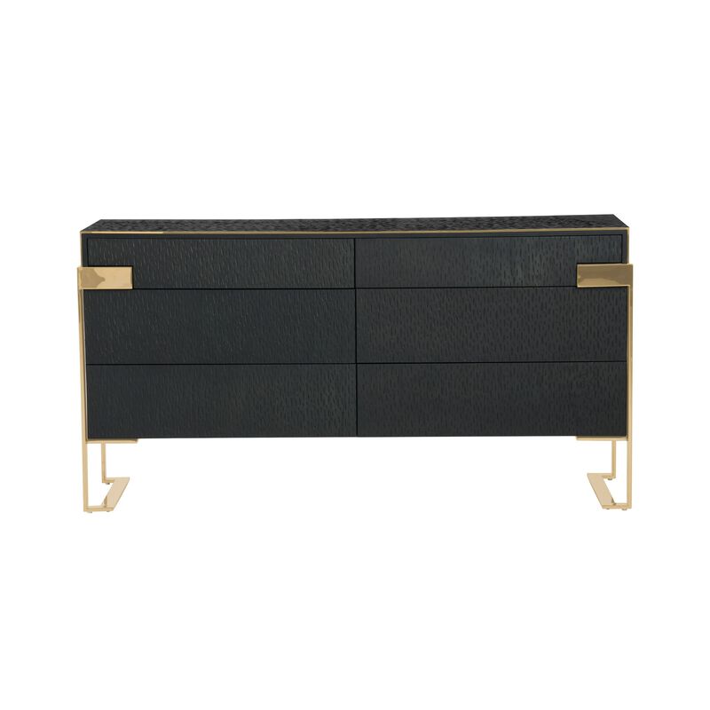 Cid Ruth 60 Inch Dresser, 6 Drawers, Wenge Brown Oak Veneer, Gold Steel - Benzara
