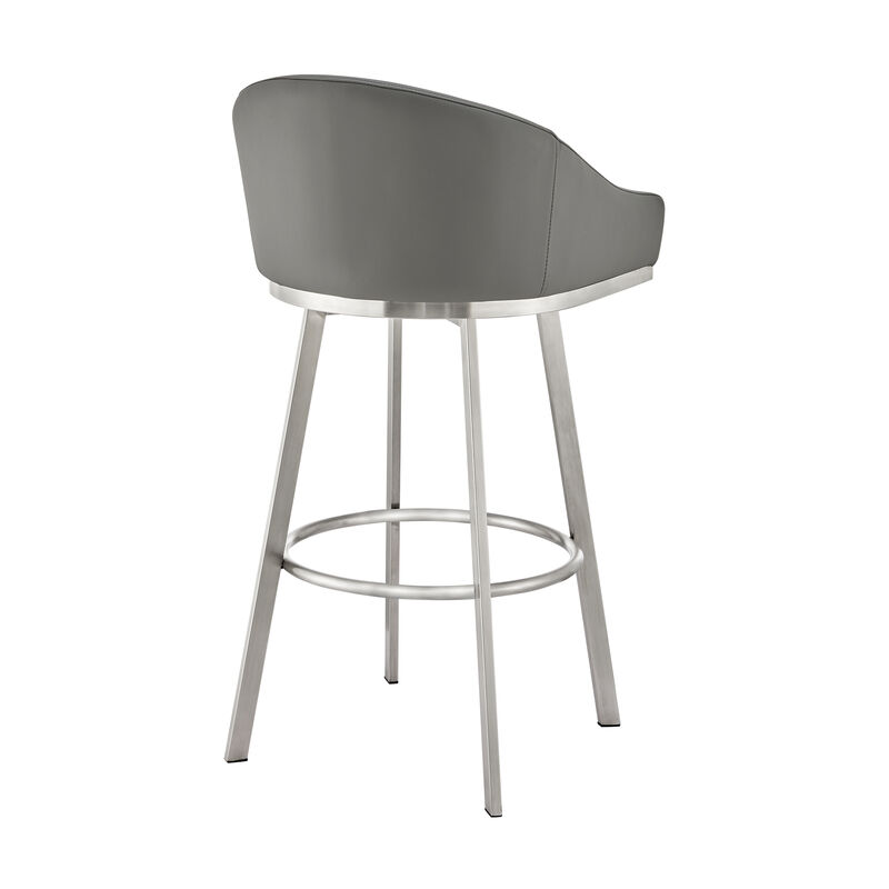 Sheryl 30 Inch Metal Swivel Bar Stool Chair, Low Back, Gray Faux Leather - Benzara