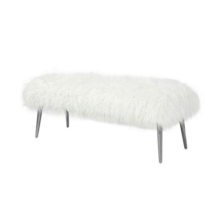 Ammy 45 Inch Bench with Foam Fill Seat, White Faux Fur, Silver Metal Legs - Benzara