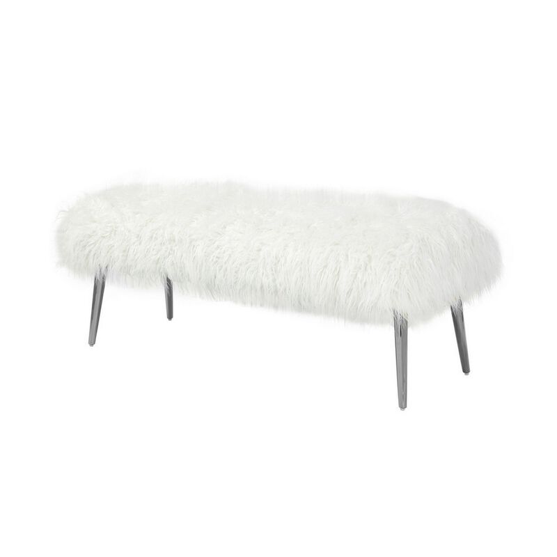 Ammy 45 Inch Bench with Foam Fill Seat, White Faux Fur, Silver Metal Legs - Benzara
