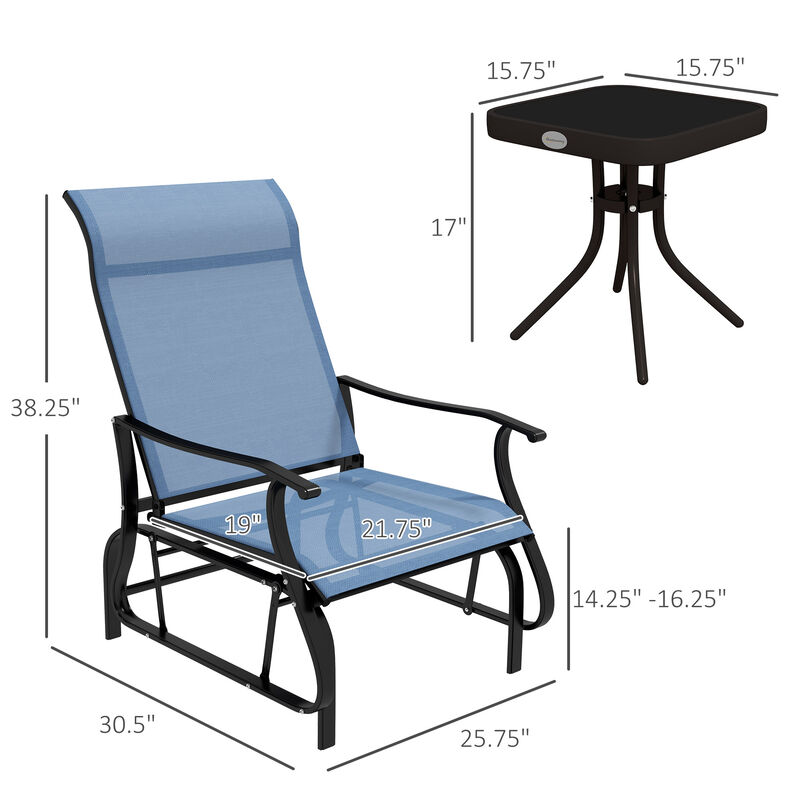 Outsunny 3-Piece Outdoor Gliders Set Bistro Set with Steel Frame, Tempered Glass Top Table for Patio, Garden, Backyard, Lawn, Light Blue