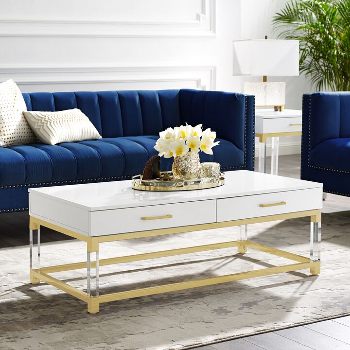 Inspired Home Kalel High Gloss 2 Drawers Coffee Table with Acrylic Legs Stainless Steel Base