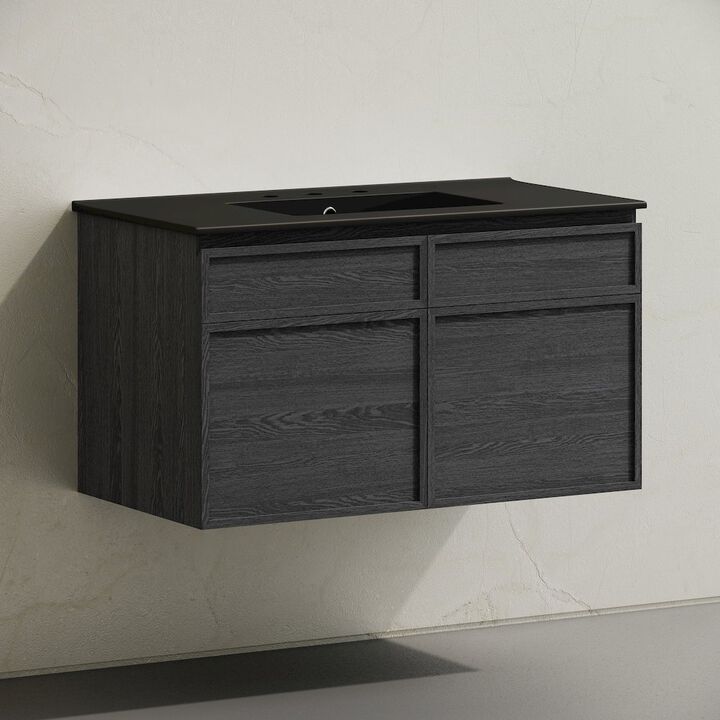 36" Wall-Mounted Bathroom Vanity in Black Oak, Black 3-Hole Widespread Sink Top