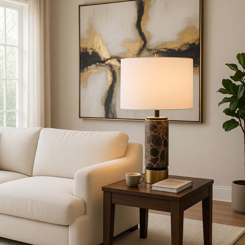 Table Lamp, White Drum Shade, Brass Base, Swirled Black Marble 22 Inch image number 1