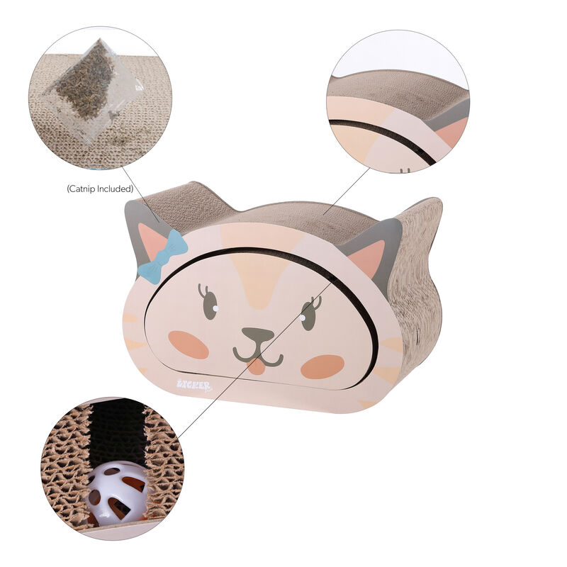 Opal Modern Cardboard Happy Cat Head 2-in-1 Cat Cave Scratcher with Built-In Bell Toys and Catnip