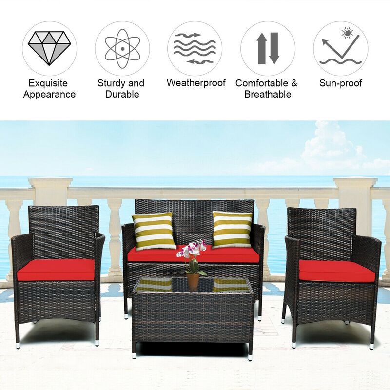 4 Pieces Comfortable Outdoor Rattan Sofa Set with Glass Coffee Table image number 4