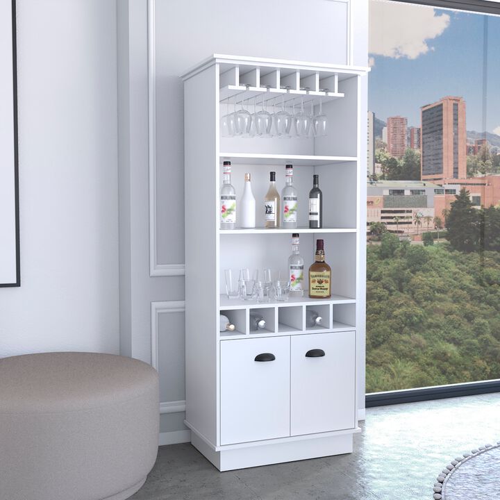 Dundee 70-Inch High 10-Glass Bar Cabinet with 5 Cubbies and 3 Open Shelves and Cabinet