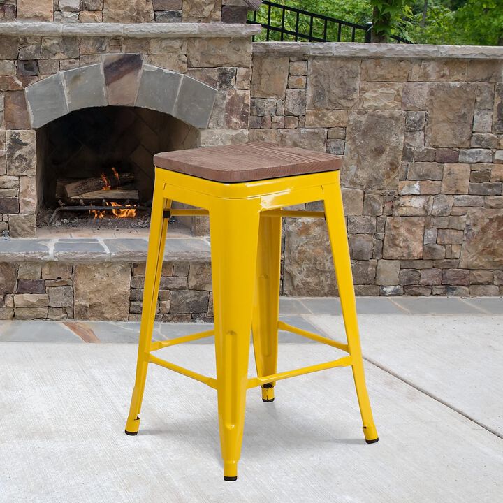 Flash Furniture Lily 24" High Backless Yellow Metal Counter Height Stool with Square Wood Seat