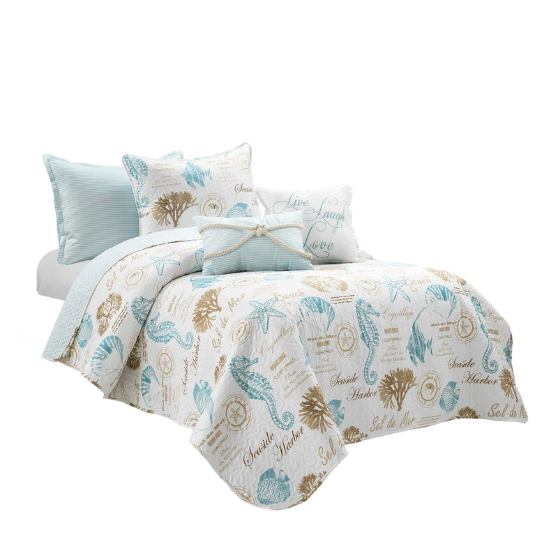 Harbor Life Reversible Oversized Quilt Blue/Taupe 5Pc Set With Pillows Twin/Twin-XL