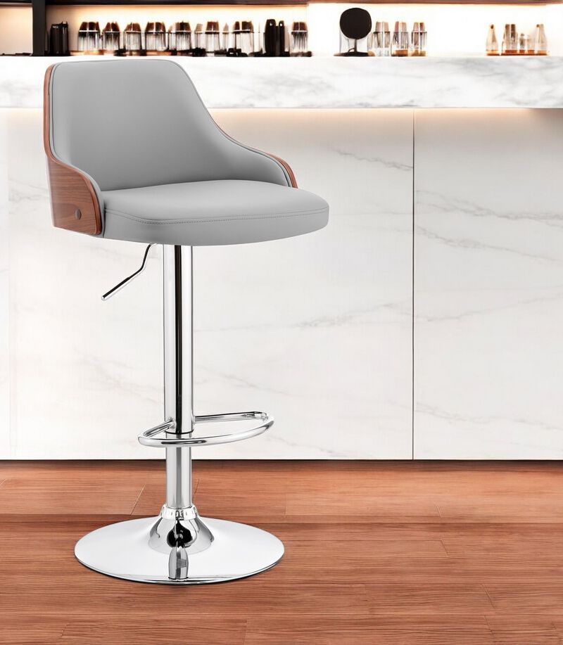 Hivvago Gray And Silver Faux Leather And Iron Adjustable Height Swivel Bar Chair