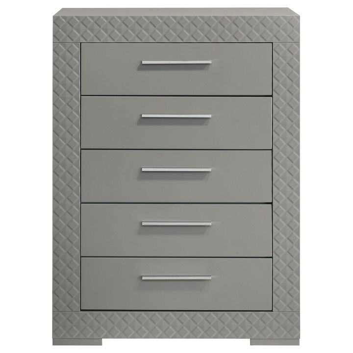 Ivon Tall Dresser Chest, 5 Drawers, Bar Handles, Gray Solid Hardwood - Benzara