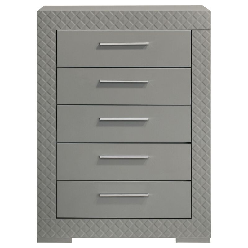 Ivon Tall Dresser Chest, 5 Drawers, Bar Handles, Gray Solid Hardwood - Benzara