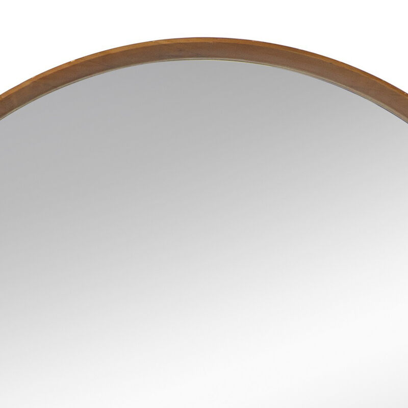 Roe 40 Inch Round Accent Mirror, Brown Pine Wood Frame, Wall Hung - Benzara