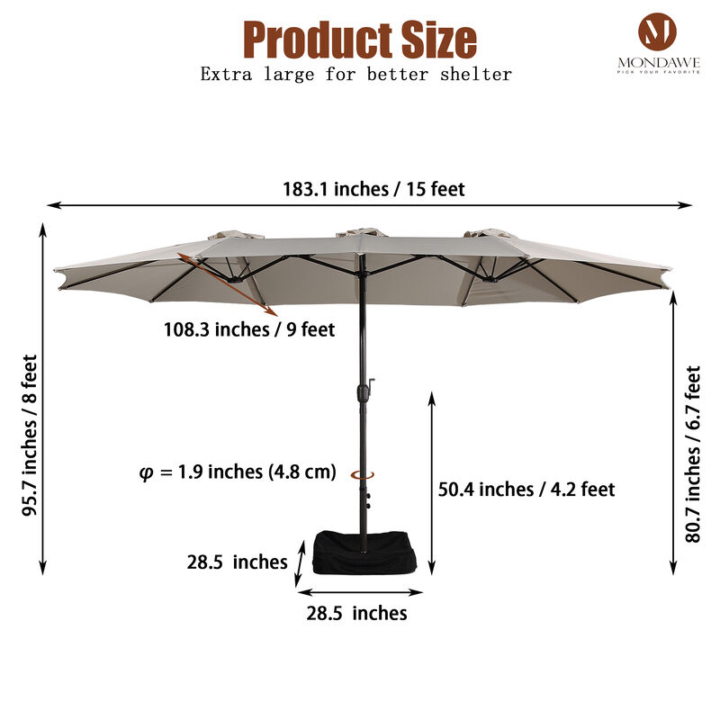MONDAWE 15ft Rectangular Double-Sided Outdoor Patio Market Umbrella Coffee