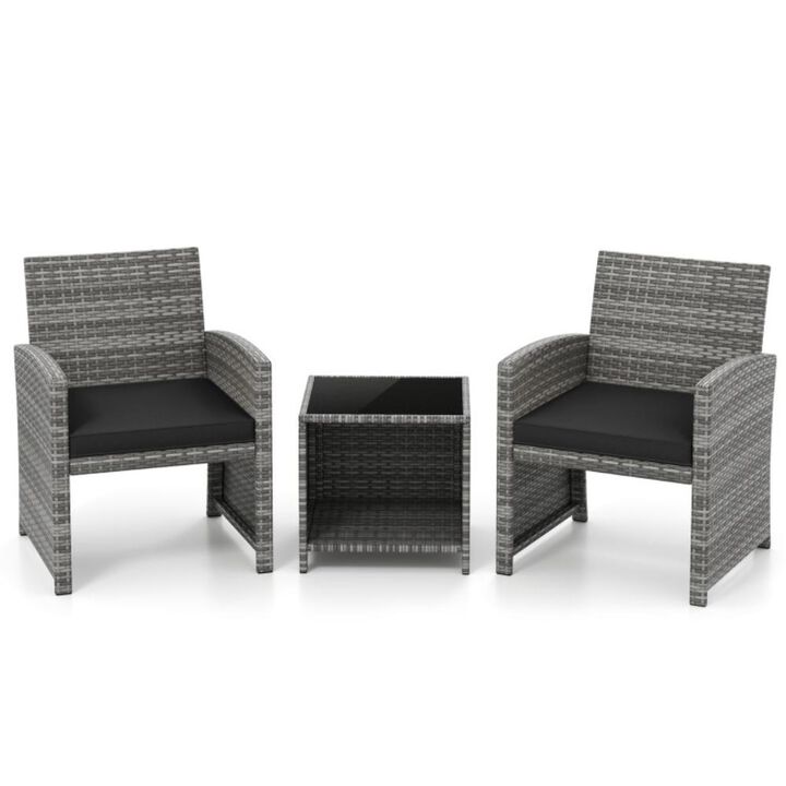 Hivvago 3 Pieces Patio Furniture Set with Tempered Glass Coffee Table and Soft Seat Cushions