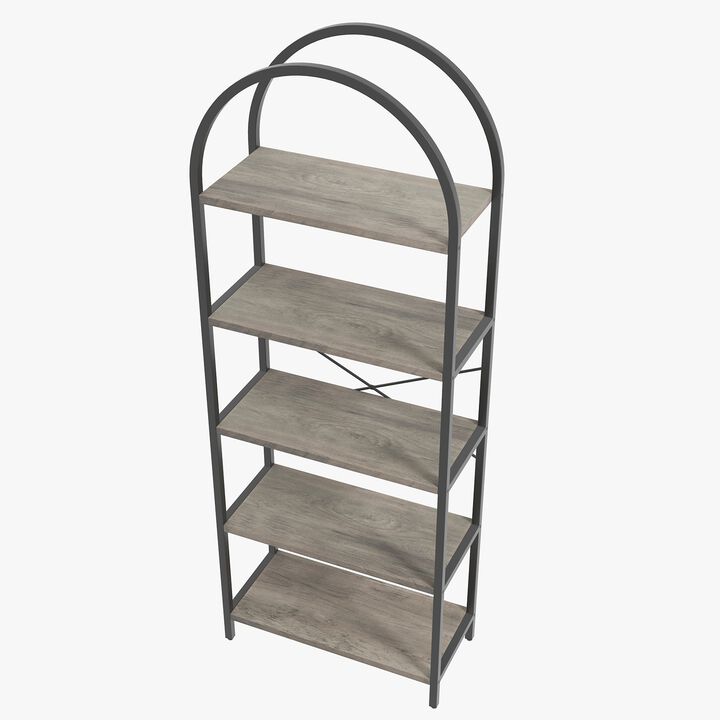 Modern Industrial Arched 5-Tier Open Bookshelf, Curved Metal Frame Freestanding Storage Display Shelf for Living Room, Bedroom & Home Office