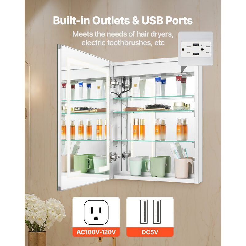 Wall Mount Recessed Medicine Cabinet with 2-Side Mirror and Lighting