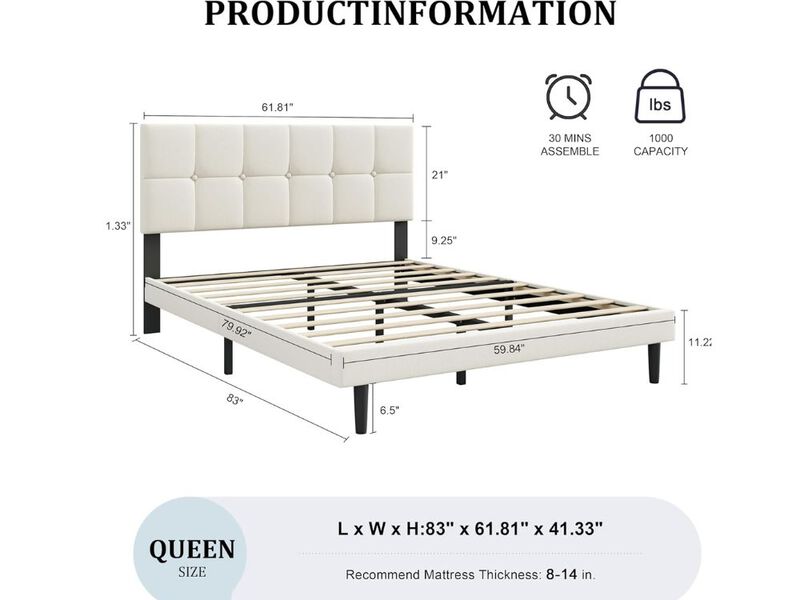 Queen Size Bed Frame, Queen Size Platform Bed Frame With Headboard, Upholstered Headboard, Sturdy Wooden Slats, Noiseless No Box Spring Required, Easy To Assemble, Beige
