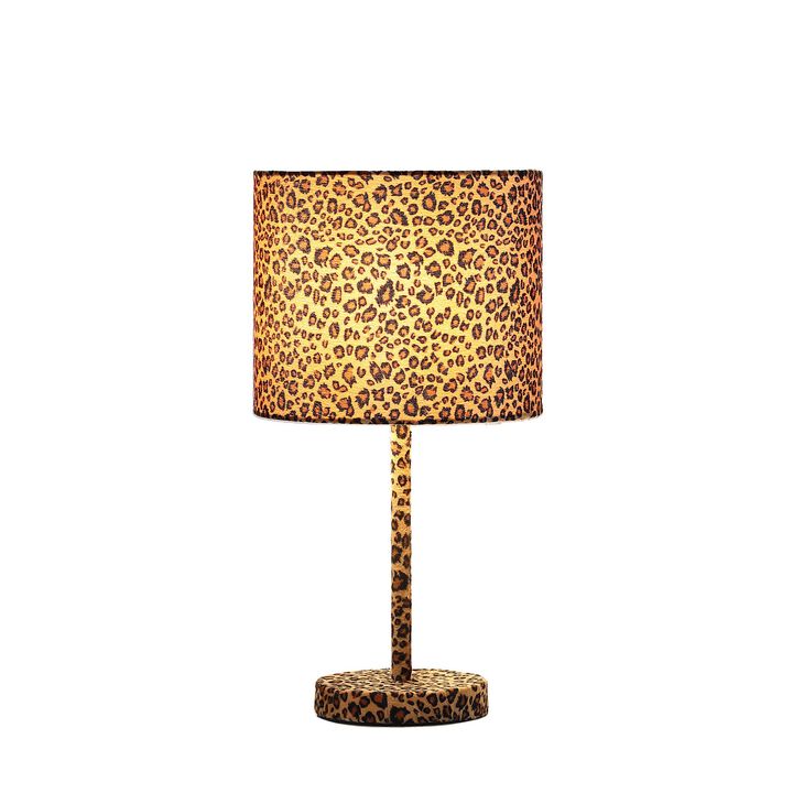 Fabric Wrapped Table Lamp with Dotted Animal Print, Brown and Black - Benzara