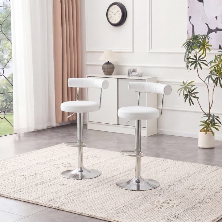 Set of 2 swivel bar stools, velvet upholstered adjustable height bar chair with open back, chrome base counter stools with footrest