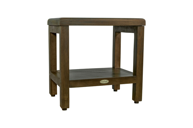 DecoTeak Eleganto 18" Teak Wood Shower Bench with Shelf in Woodland Brown Finish