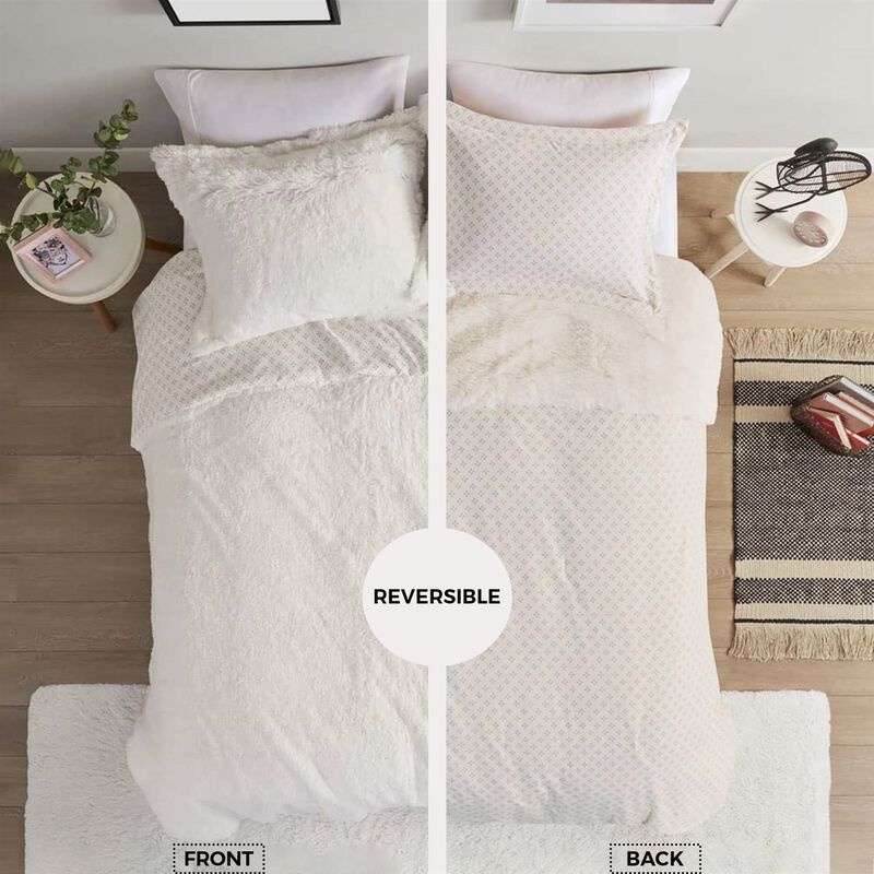 Hivvago Full/Queen size Reversible Soft Sherpa Faux Fur 3 Piece Comforter Set in Ivory