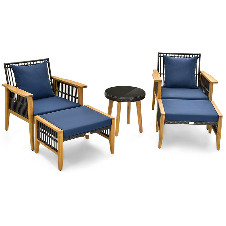 5 Piece Patio Furniture Set with Coffee Table and 2 Ottomans-Navy