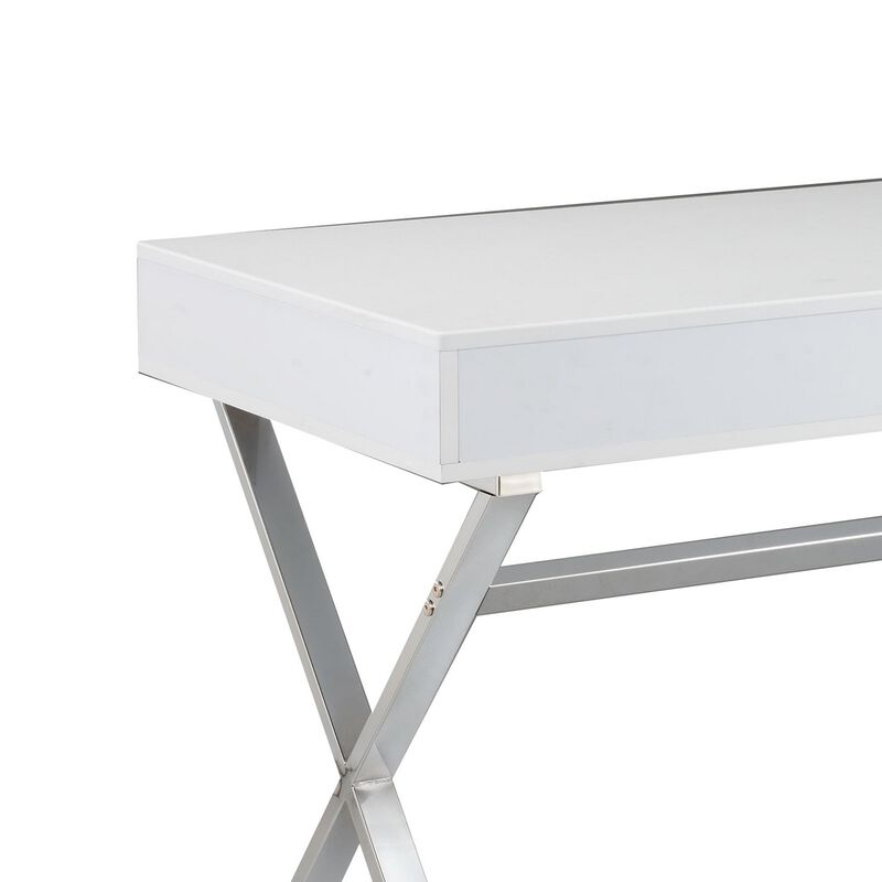 Gracie 47 Inch Desk, White Rectangular Top, 2 Drawers, Chrome Metal Legs - Benzara