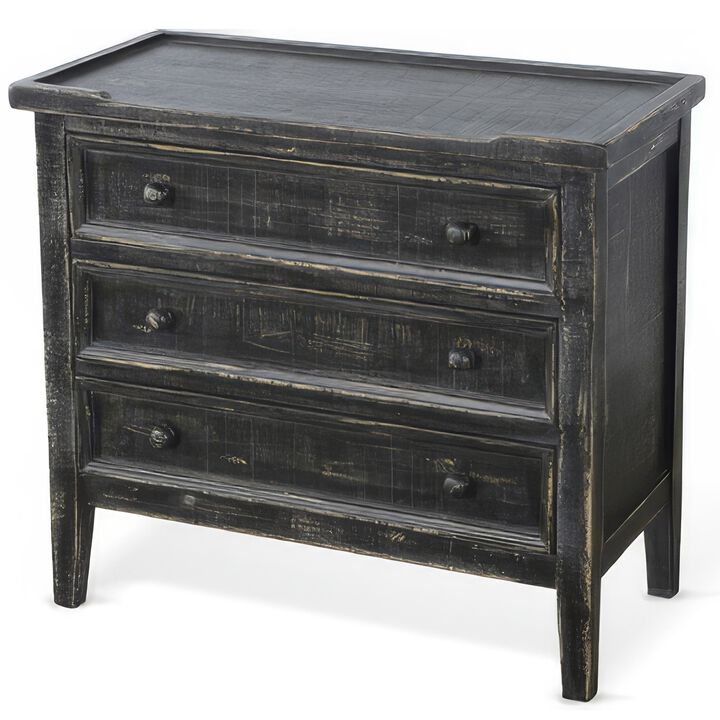 Rena Side End Table with 3 Drawers, 28 Inch Rustic Black Mahogany Wood