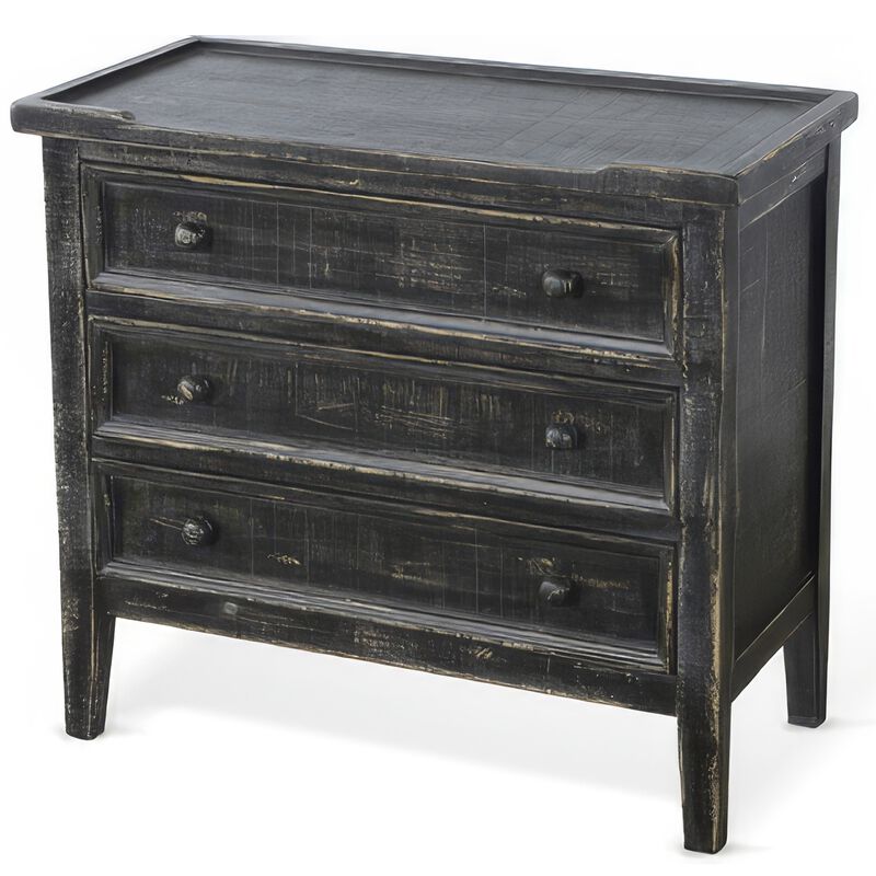 Rena Side End Table with 3 Drawers, 28 Inch Rustic Black Mahogany Wood