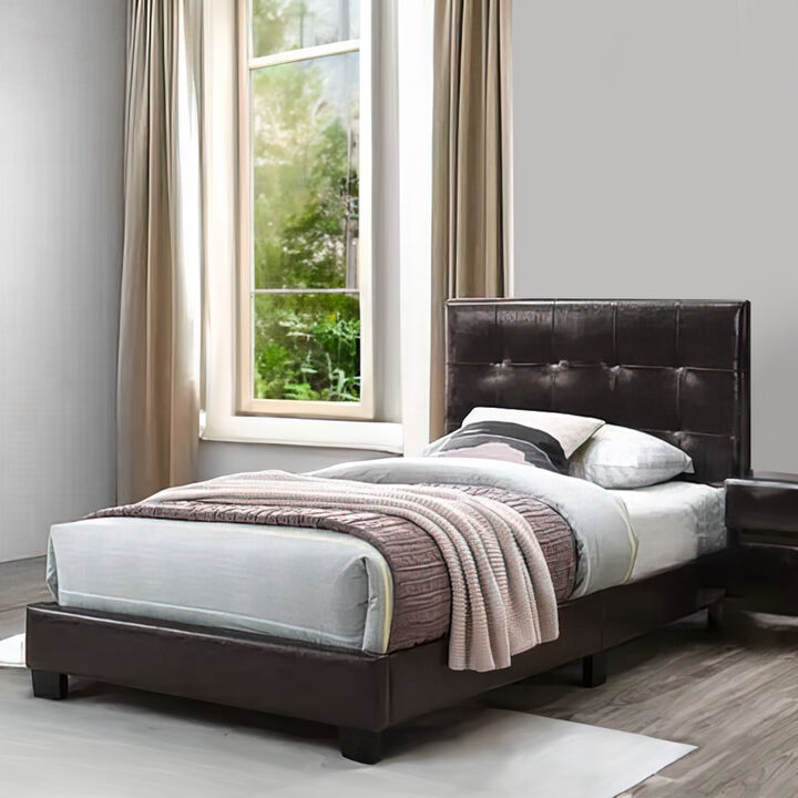 Queen Leatherette Bed with Checkered Tufted Headboard, Dark Brown-Benzara