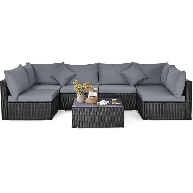 Mondawe 7 Pieces Sectional Wicker Furniture Sofa Set with Tempered Glass Top Coffee Table