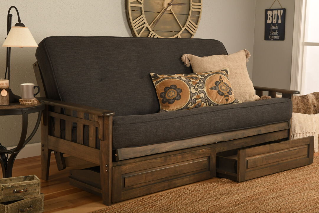Tucson Futon in Rustic Walnut Finish with Storage Drawers and Linen Charcoal Mattress