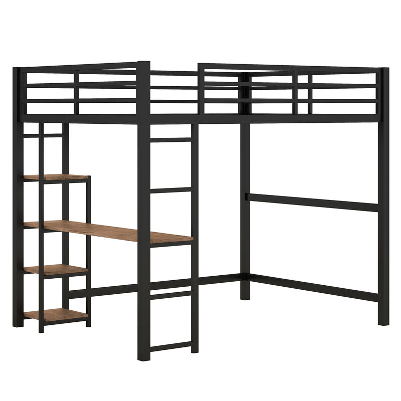 Merax Metal Loft Bed with Built-in Desk and Storage Shelves