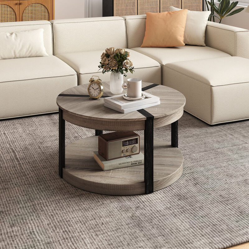 2-Tier Round Coffee Table in Rubber Wood with Large Tabletop and Storage Shelf