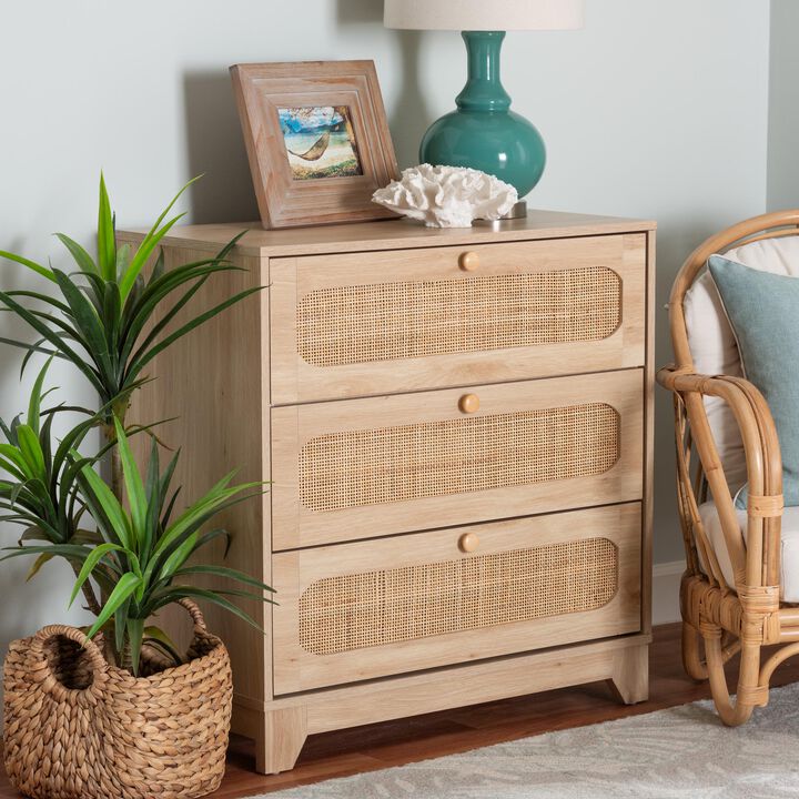 Baxton Studio Elsbeth Japandi Oak Finished Wood and Natural Rattan 3 Drawer Storage Cabinet
