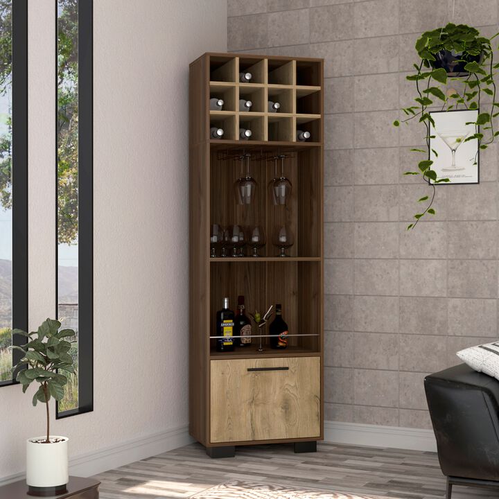 Marsella Corner Bar Cabinet, Eight Built-in Wine Rack, Two Side Shelves -Mahogany / Macadamia