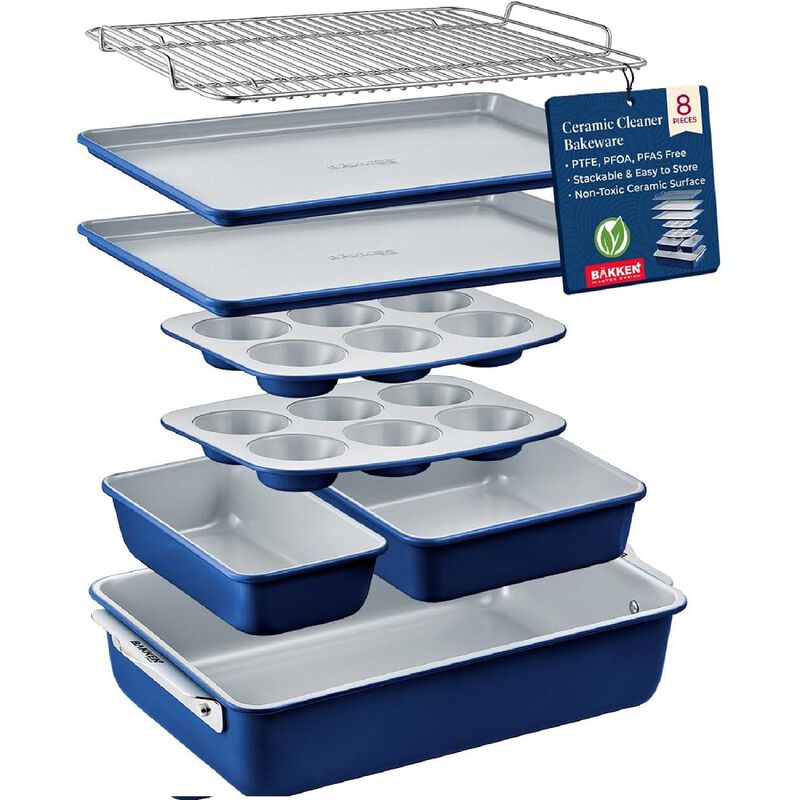 Bakken 8-Piece Stackable Bakeware Set - Ceramic Non-Stick Coating, Baking Sheets, Assorted Baking Pans, PTFE, PFOA & PFOS Free - Healthy Baking, Ergonomic Handles, Cooling Rack, Non-Toxic, Oven-Safe