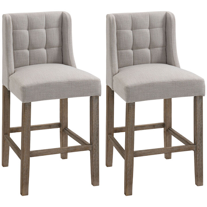 HOMCOM Modern Bar Stools, Tufted Upholstered Barstools, Pub Chairs with Back, Rubber Wood Legs for Kitchen, Dinning Room, Set of 2, Beige