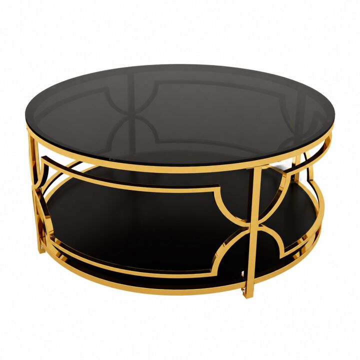 GOODSILO Round Tempered Glass Coffee Table with Geometric Metal Frame, Lower Shelf for Living Rooms and Small Modern Spaces