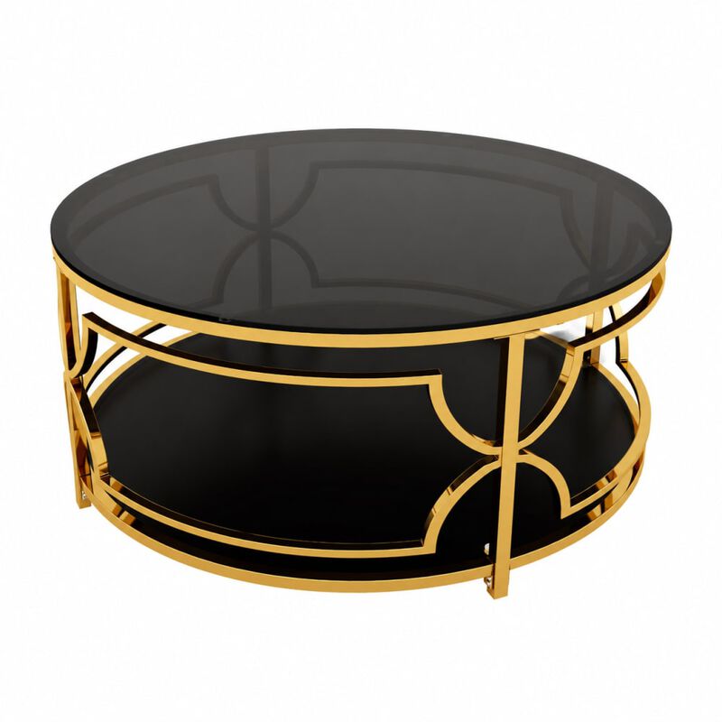 GOODSILO Round Tempered Glass Coffee Table with Geometric Metal Frame, Lower Shelf for Living Rooms and Small Modern Spaces image number 0