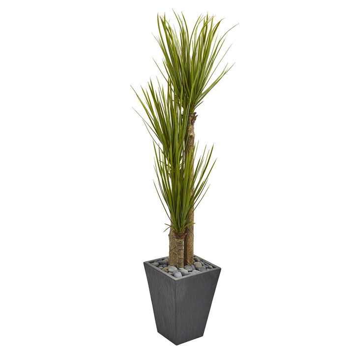 Hivvago 5.5" Triple Stalk Yucca Artificial Plant in Slate Planter