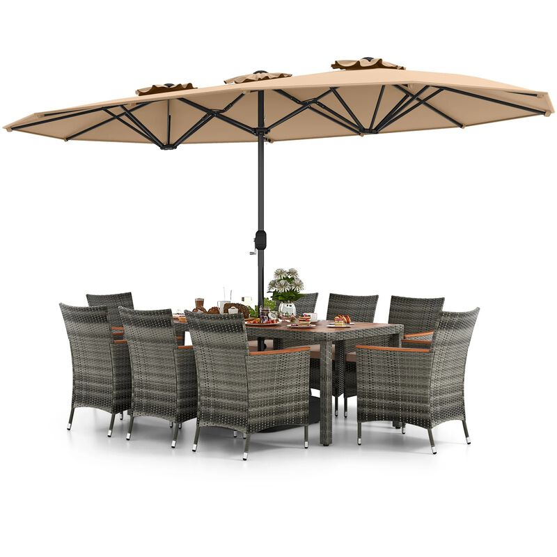 Mondawe 10 Pcs Patio Wicker Dining Set,1 Table With 15ft Double-Sided Umbrella & 8 Cushioned Chairs