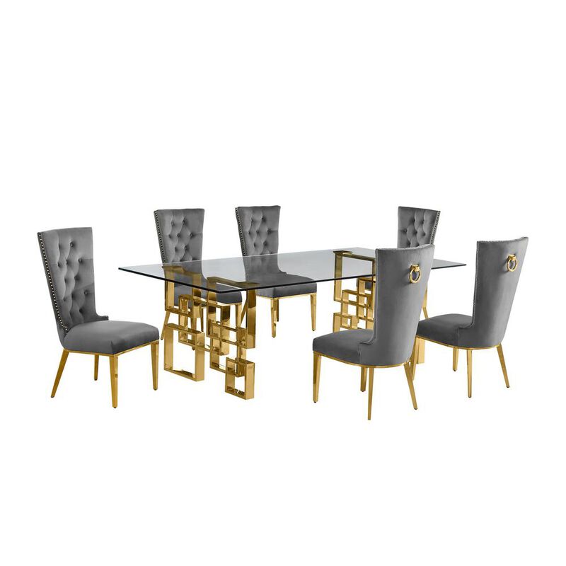 7-piece glam dining set with 6 dark grey chairs and a 95" long glass  table