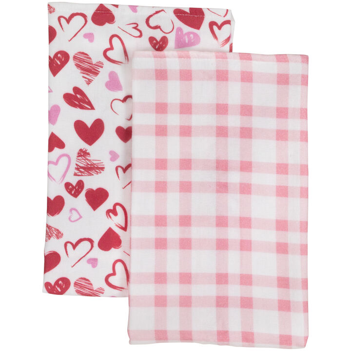 Set of 2 Hearts and Pink Plaid Valentine's Day Kitchen Tea Towels 26"