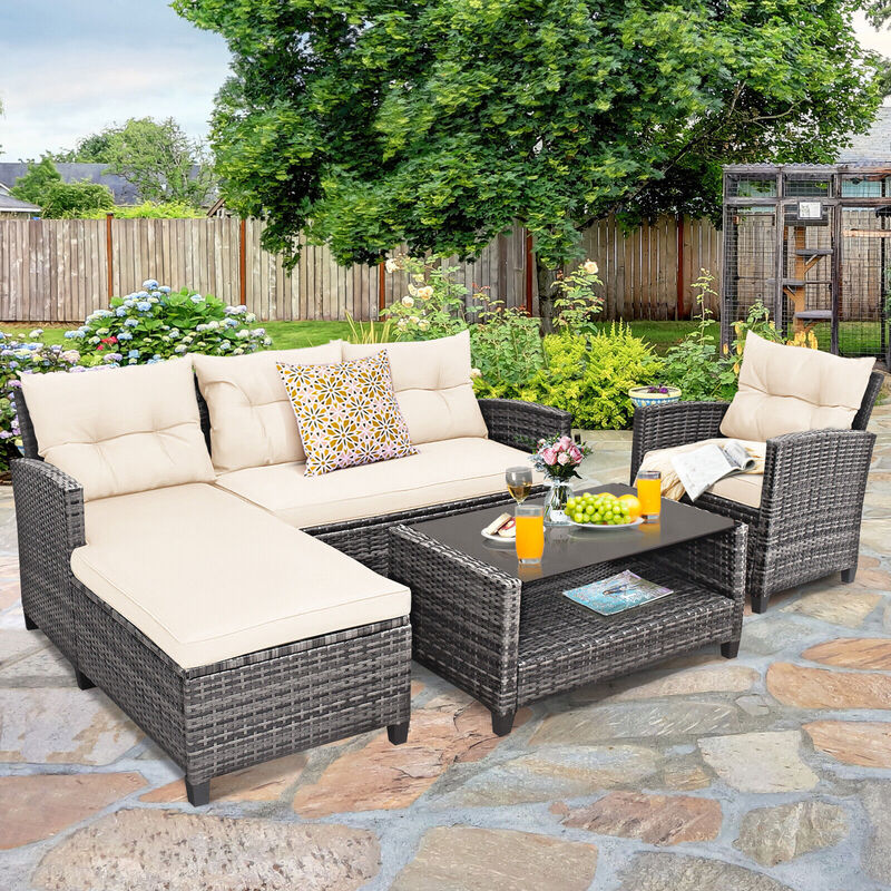 4 Pieces Patio Rattan Sofa Furniture Set with Cushion and 2-Tier Coffee Table