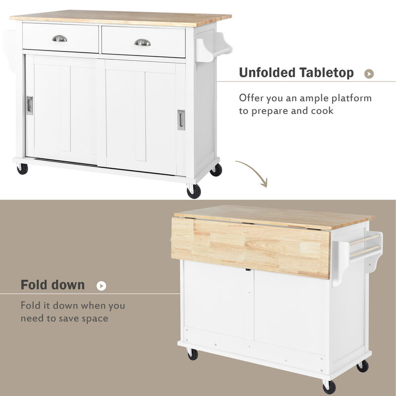 Whisen Modern Kitchen Island with Rubber wood Drop-Leaf Countertop and Storage Cabinet - White